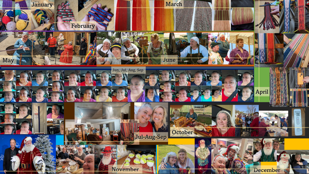 large collage of images from 2022: Lots of my face, some spinning yarn, some weaving, and a few with friends